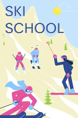Ski Schoolbanner with group of student skiers with instructor.