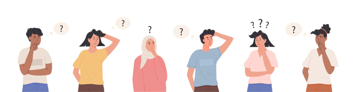 Group of diverse thinking characters. Collection of portraits of thoughtful people with question mark. Set of male and female person solving problem, making decision. Flat style vector illustration.