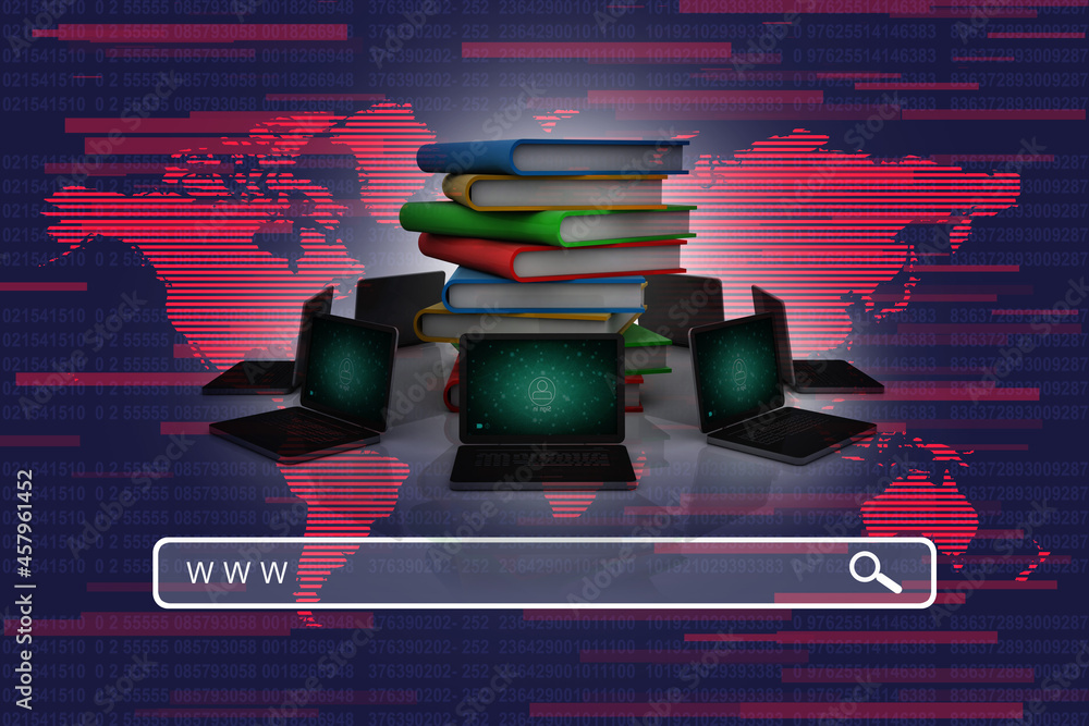Poster 3d rendering technology computer network with book