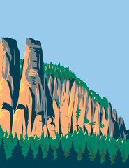 Art Deco or WPA poster of Elbe Sandstone Mountains located in Saxon Switzerland National Park in Switzerland done in works project administration style. - obrazy, fototapety, plakaty