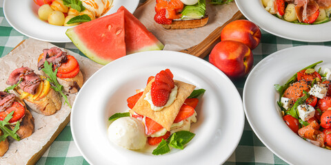 Summerly Watermelon menu dishes on a table with green plaid tablecloth. Side view, design banner.