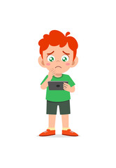 little boy using mobile phone and cry