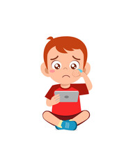 little boy using mobile phone and cry