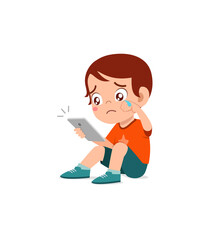 little boy using mobile phone and cry