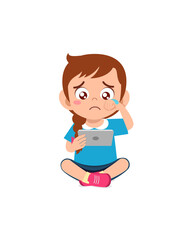 little girl using mobile phone and cry