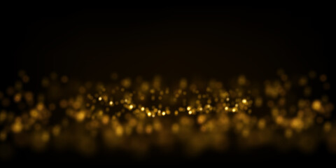Golden particle dust on black. Abstract luxury background with defocused glitter lights. 