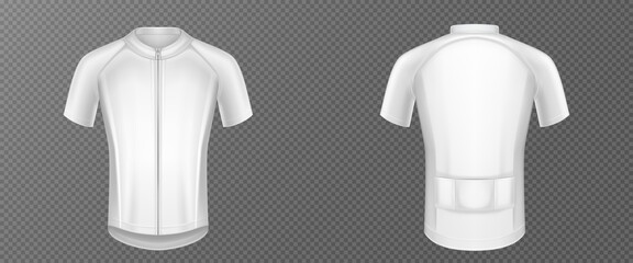 Cycling jersey, white bike t-shirt vector mockup, sports wear front and rear view. Sport clothes, shirt with short sleeves template isolated on transparent background, Realistic 3d illustration