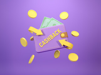 Cashback concept. Saving money. Money refund. Pile coins in the cashback wallet for online payment. 3d render. 3d illustration.