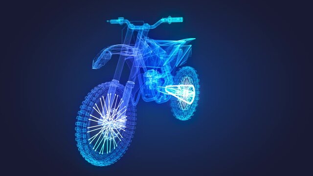 Motorbike. Glowing lines formation of sport bike. Seamless loop. Digital technology visualization of 3d.