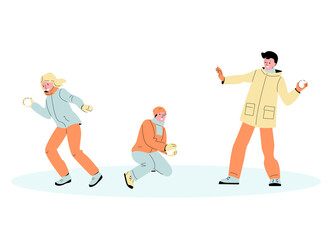 Young people guy and girl play snowballs. Fun winter games. Set of vector illustrations in cartoon style.