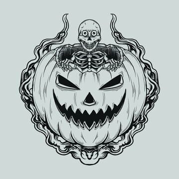 tattoo and t shirt design black and white hand drawn skeleton in halloween pumpkin engraving ornament