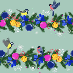 Fototapeta na wymiar Seamless vector, Christmas illustration with birds ,spruce branch and christmas balls .