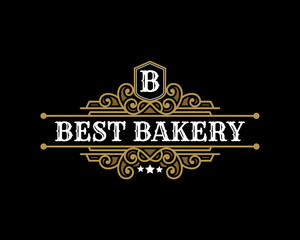 retro Luxury gold vintage Coffee shop logo icon with decorative ornamental frame for bakery coffee house cafe hotel restaurant