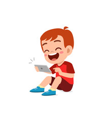 little boy using mobile phone and laugh