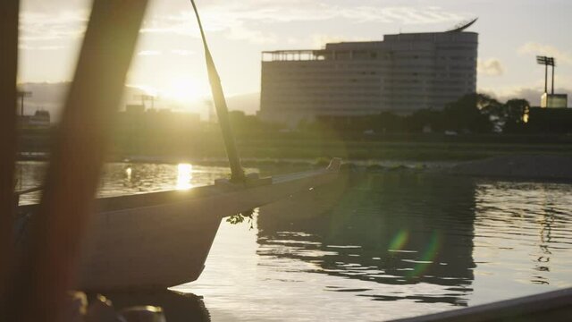 Sunset over Nagaragawa River in Gifu Japan, Peaceful Boat Scene