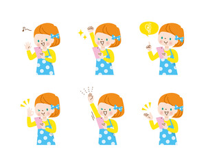 スマホを操作する白人の女の子,ポジティブな表情セット