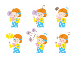 スマホを操作する白人の女の子　ネガティブな表情セット