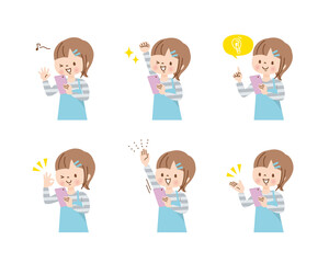 スマホを操作する女の子　ポジティブな表情セット