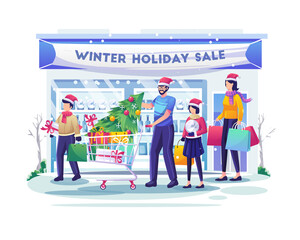 Happy family shopping at the supermarket with their children wearing Santa Claus Hats purchases goods and gifts. Christmas winter holiday sale. Flat vector illustration