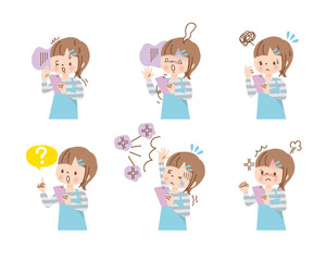 スマホを操作する女の子　ネガティブな表情セット