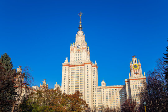 The Main building of Lomonosov Moscow State University on Sparrow Hills (summer day). It is the highest-ranking Russian educational institution. Russia