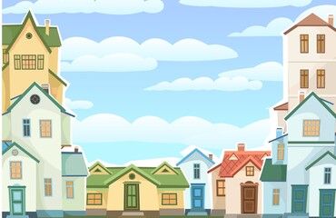 Cartoon houses with sky. Village or town. Frame. A beautiful, cozy country house in a traditional European style. Nice funny home. Rural building. Illustration Vector
