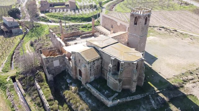 View from drone of ancient ruined monastery of Avinganya near Catalan city of Seros on spring sunny day, Spain