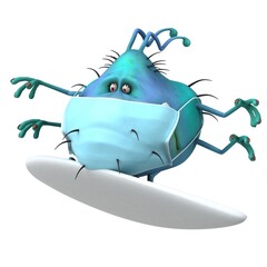 Fun 3D illustration of a cartoon microbe with a mask