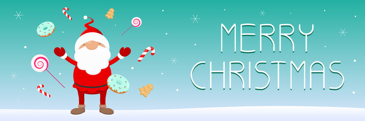 Christmas card. Santa Claus with different sweets. Vector illustration.