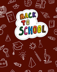 Back to school cover background, hand draw doodle icons supples, equipment, elements seamless pattern. Cover notebook, broshure, poster, flyer, book template vector illustration