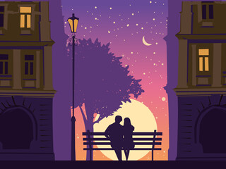 Romantic Couple lovers on bench in the city, under tree, buildings, lantern. Sunset, night, stars. Vector Happy Valentines Day illustration, silhouette
