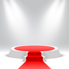 White round podium with red carpet and stairs. Blank pedestal with steps and spotlights. Products display platform. Stage for awards ceremony. Vector illustration.