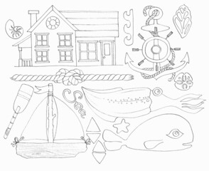Black-white set with sea house elements in doodle style. Collection of hand-drawn cozy elements for you design.