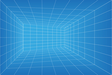 Grid perspective blueprint room. Wireframe millimeter paper background. Digital cyber box technology model. Vector blank architectural template