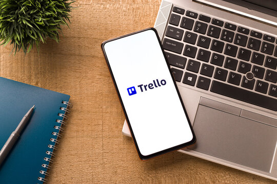 Assam, india - April 19, 2021 : Trello logo on phone screen stock image.