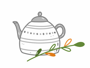 Cute ceramic teapot with autumn twig isolated on white background. Vector hand-drawn illustration in doodle style. Perfect for cards, holiday designs, decorations, invitations.