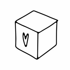 Cute doodle Gift box sticker. Hand-drawn outline present isolated on white background. Cube with heart print. Holiday, Valentines Day, Christmas, Birthday, childrens toy symbol. Vector illustration