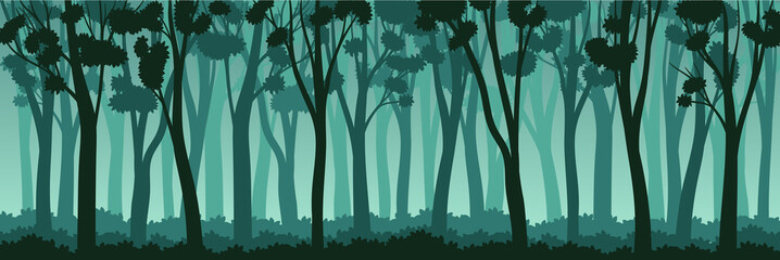 Tree Silhouette with Tall Trunk and Branched Top as Misty Forest Horizontal Backdrop Vector Illustration