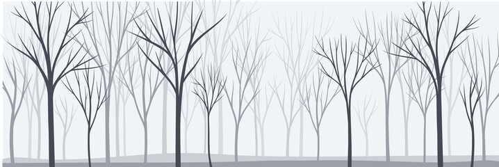 Bare Tree Silhouette with Tall Trunk and Branched Top as Misty Forest Horizontal Backdrop Vector Illustration