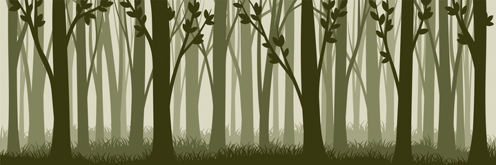 Tree Silhouette with Tall Trunk and Branched Top as Misty Forest Horizontal Backdrop Vector Illustration