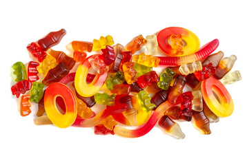 Heap of colorful jelly sweets on a white background. Top view. Popular gummies.