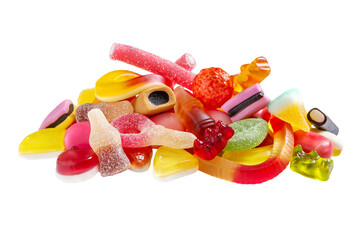 Assorted of chewy fruit candies on a white background. Jelly Sweets Isolate. Holiday concept, children delighted, unhealthy nutrition.