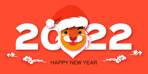 Santa Tiger. Cute Animal paper cut style. Chinese zodiac, Chinese calendar. Winter holidays. Happy New Year And Christmas season.