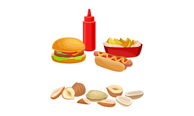 Fast Food with Hamburger and Hot Dog and Pile of Nuts as Healthy and Harmful Food Vector Set