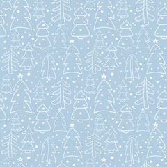 Winter seamless pattern. Christmas trees in forest. Blue Abstract Geometric Background with white fir-trees and snow for New Year and Christmas textile, wrapping paper, wallpaper. Vector illustration.