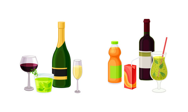 Wine and Sparkling Soda Water in Bottle and Cocktail Glass as Harmful Drink Vector Set