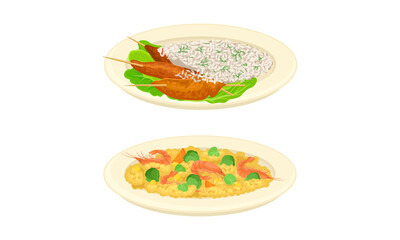 Served on Plate Dish with Shrimp Porridge and Boiled Rice and Skewered Prawns Vector Set