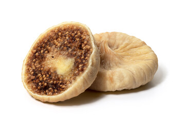 Two dried figs in close up on white background. Front view . Full depth of field. With clipping path