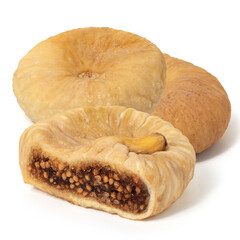 Three dried figs in close up on white background. Front view . Full depth of field. With clipping path