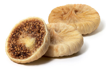 Three dried figs in close up on white background. Front view . Full depth of field. With clipping path